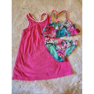 Girls size 4/5 Kian D tropical neon swimsuit bikini and pink old navy Coverup